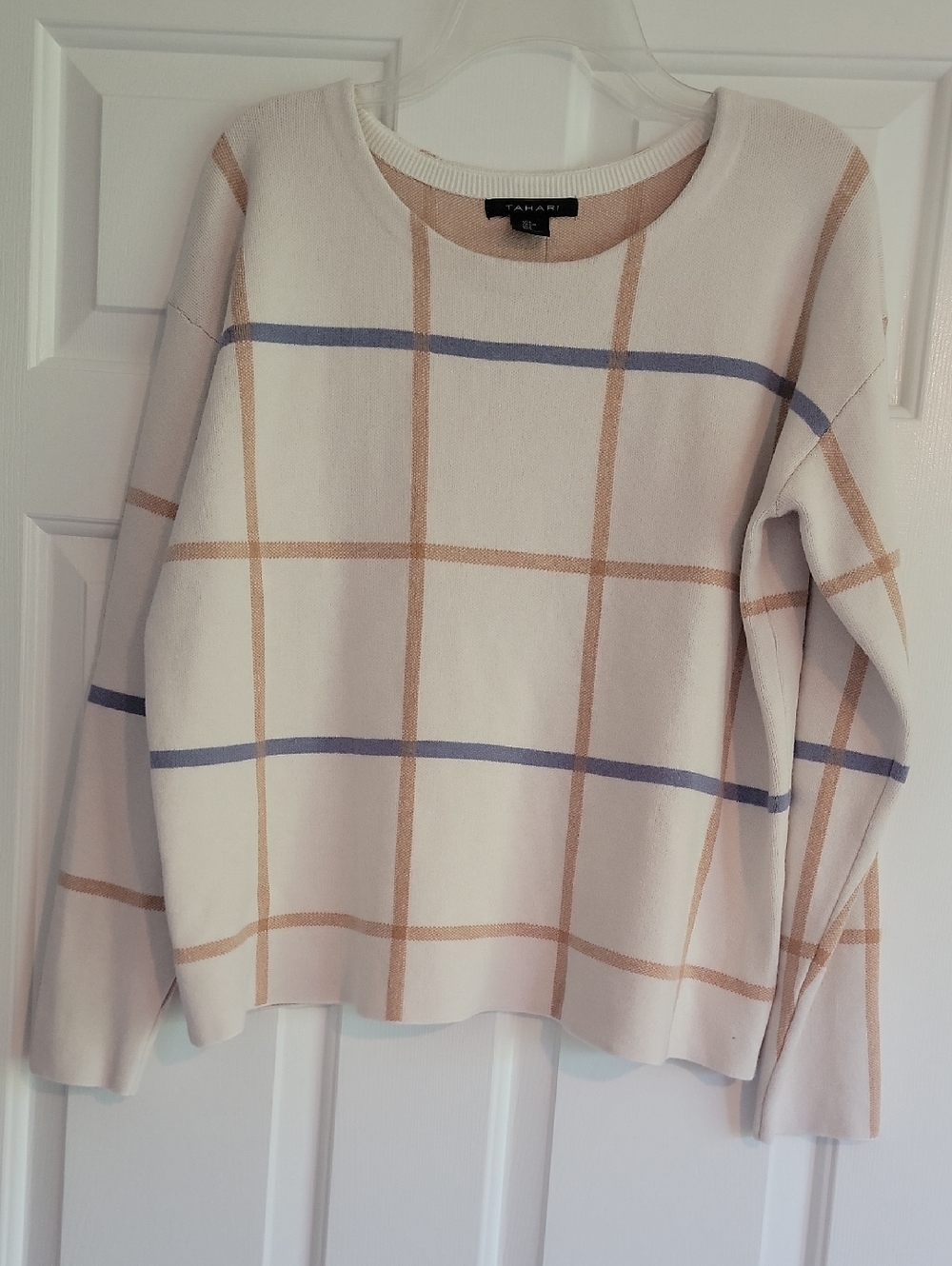 Tahari Cream Plaid Knit Sweater with Blue and Tan Windowpane, Size L